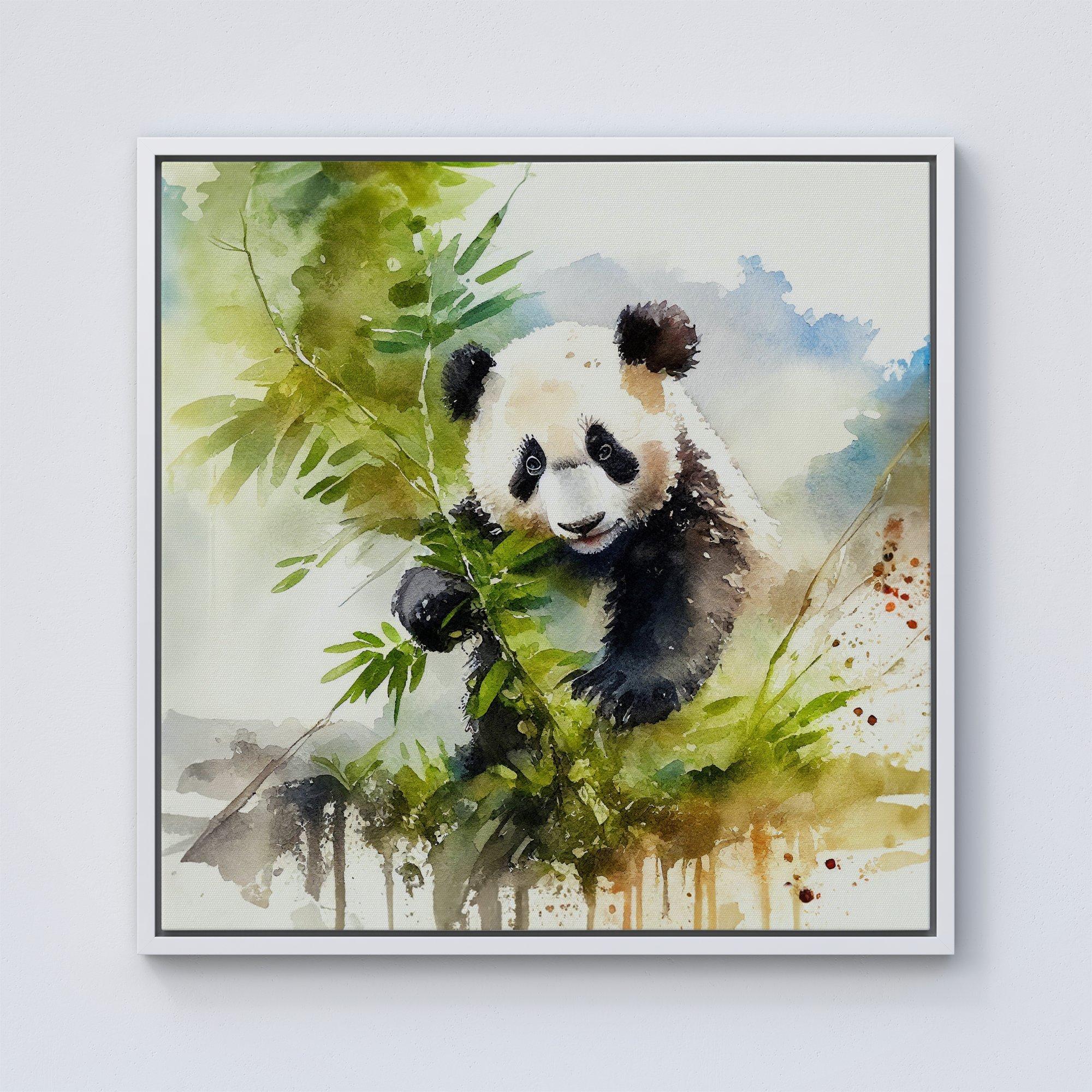 Panda Eating Bamboo Watercolour Framed Canvas